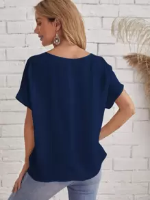 EMERY ROSE V-Neck Batwing Solid Top - Navy Blue - View 2