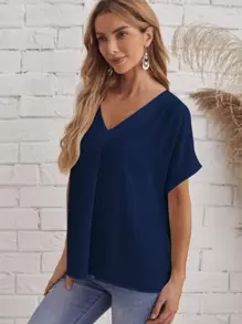 EMERY ROSE V-Neck Batwing Solid Top - Navy Blue - View 3