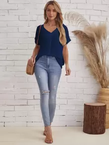 EMERY ROSE V-Neck Batwing Solid Top - Navy Blue - View 5