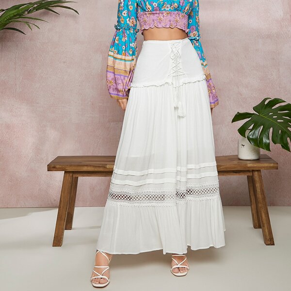 

Lace Up Waist Ruffle Hem Skirt, White