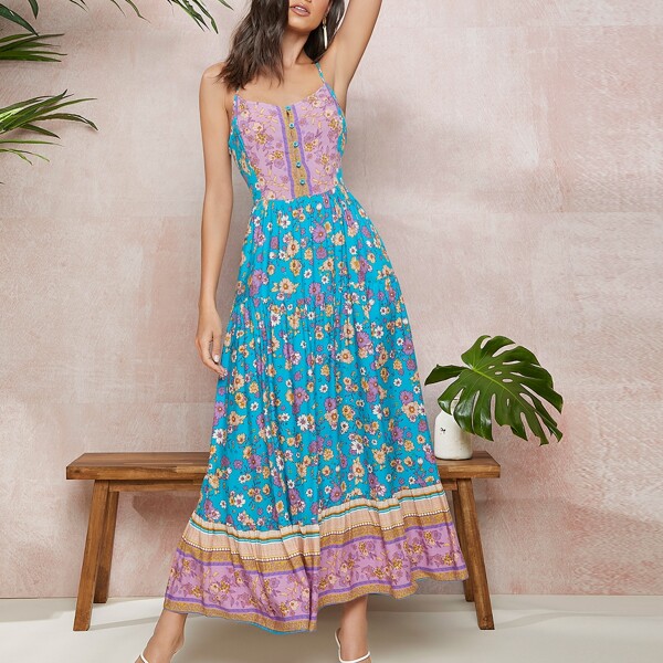 

Button Front Floral Cami Dress, Multicolor