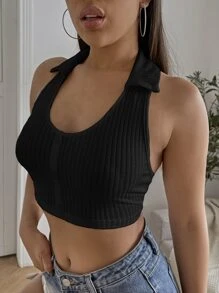 Top halter de espalda abierta con botón delantero - Negro - Ver 3