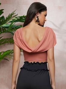 SHEIN 抽褶垂褶領短版上衣 - 藕粉色 - 查看 2