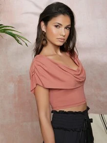 SHEIN 抽褶垂褶領短版上衣 - 藕粉色 - 查看 3