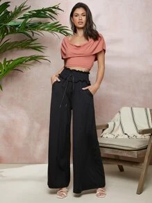 SHEIN 抽褶垂褶領短版上衣 - 藕粉色 - 查看 5