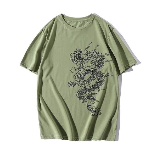

Men Chinese Dragon Print Crew Neck Tee, Army green