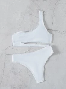 Cut-Out One Shoulder Bikini Set, For Summer Beach Vacation - White - View 2
