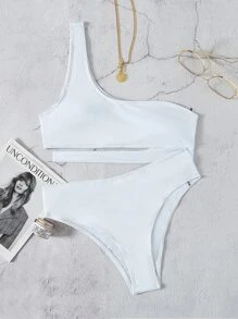 Cut-Out One Shoulder Bikini Set, For Summer Beach Vacation - White - View 4