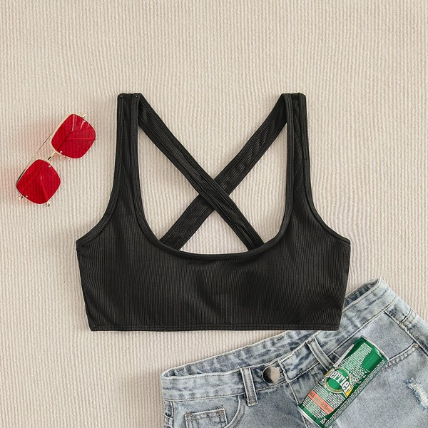 

Rib Cross Back Bikini Top, Black