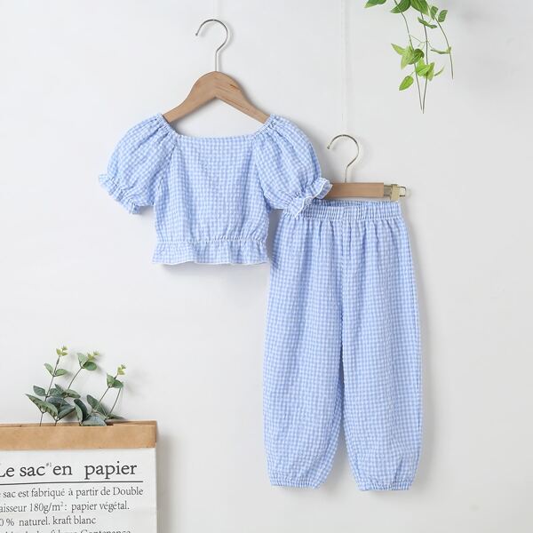 

Toddler Girls Gingham Ruffle Top & Pants, Baby blue