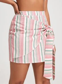 SHEIN WYWH 結飾細節條紋半身裙 - 彩色 - 查看 3