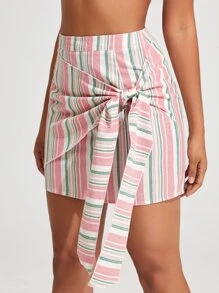SHEIN WYWH 結飾細節條紋半身裙 - 彩色 - 查看 4