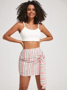 SHEIN WYWH 結飾細節條紋半身裙 - 彩色 - 查看 5