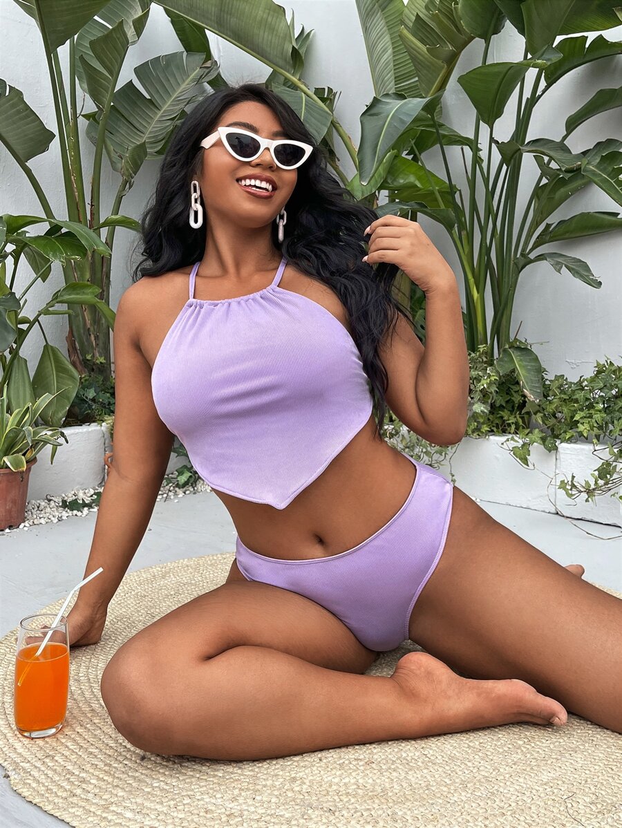 Conjunto de bikini con bajo pañuelo acanalado de talla grande para playa de verano - Lila Púrpura - Ver 1