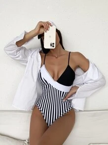 Bộ bikini Hội Chữ thập Sọc Giải trí - Đen và trắng - Xem 1