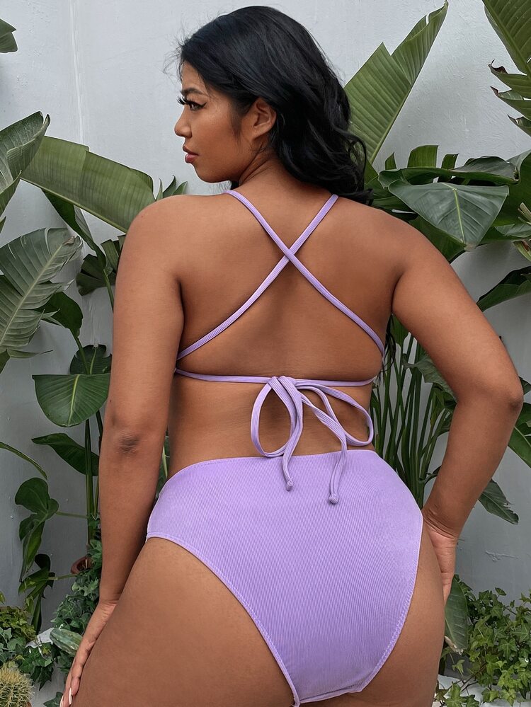 Plus Size Rib Hanky Hem Bikini Set Summer Beach - Lilac Purple - View 2