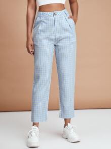 SHEIN EZwear 斜口袋格紋圖案褲子 - 藍色 - 查看 1