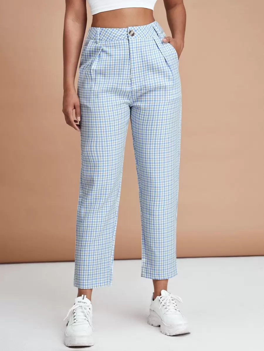 SHEIN EZwear 斜口袋格紋圖案褲子 - 藍色 - 查看 1