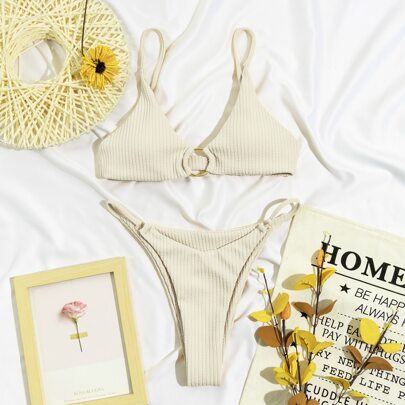 Rib Ring Linked Thong Bikini Swimsuit