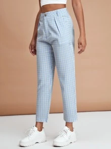 SHEIN EZwear 斜口袋格紋圖案褲子 - 藍色 - 查看 3