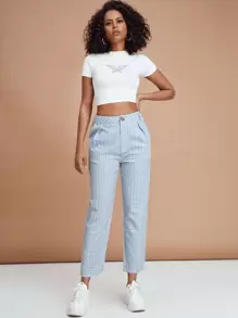 SHEIN EZwear 斜口袋格紋圖案褲子 - 藍色 - 查看 4