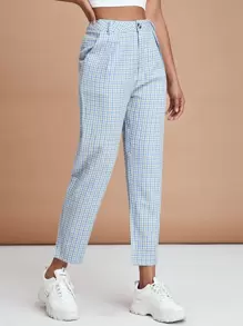 SHEIN EZwear 斜口袋格紋圖案褲子 - 藍色 - 查看 5