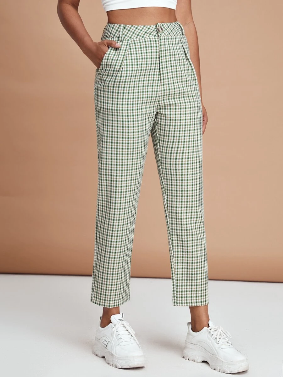SHEIN EZwear 斜口袋格紋圖案褲子 - 彩色 - 查看 1