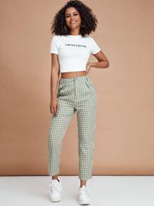 SHEIN EZwear 斜口袋格紋圖案褲子 - 彩色 - 查看 4