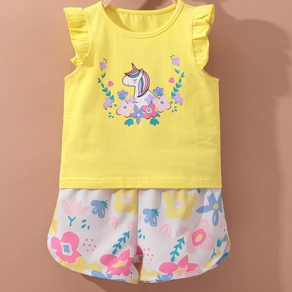 

Baby Girl Floral And Cartoon Print Tee With Shorts, Yellow