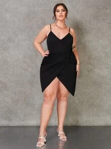 SHEIN SXY Plus Ruched Asymmetrical Hem Cami Dress - Black - View 4
