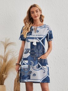 Paisley Tie Neck Tunic Dress