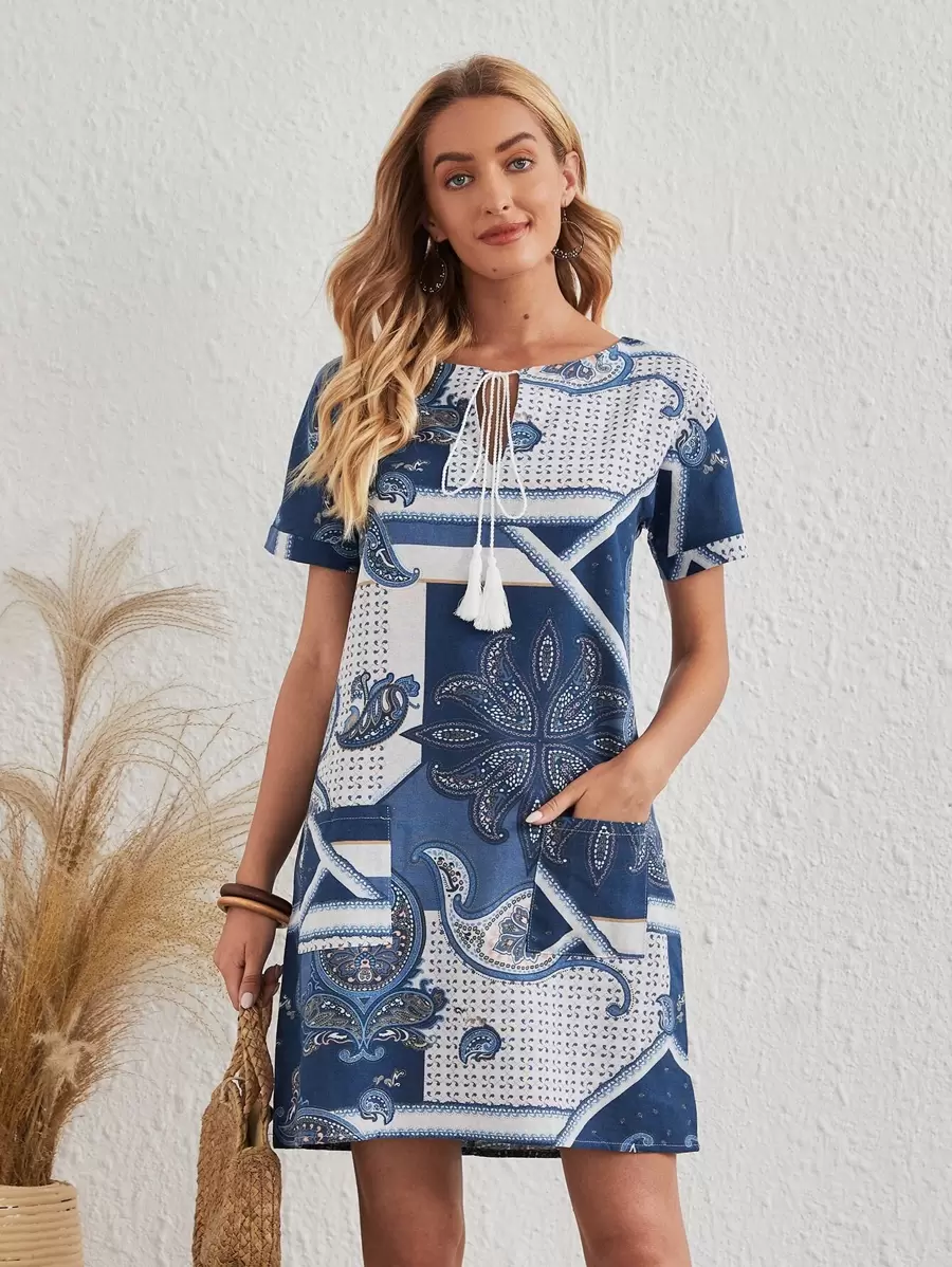 Paisley Tie Neck Tunic Dress