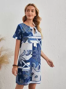 Paisley Tie Neck Tunic Dress