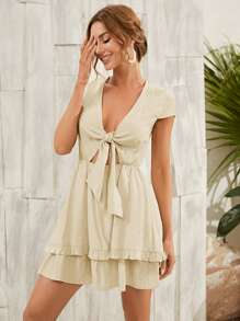 Vestido bajo a capas con cordón delantero - Beis - Ver 1