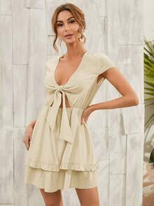 Vestido bajo a capas con cordón delantero - Beis - Ver 3