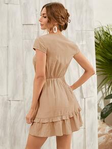 Tie Front Layered Hem Dress - Khaki - View 2