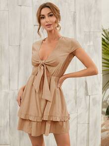 Tie Front Layered Hem Dress - Khaki - View 3