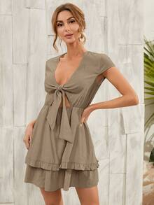 Tie Front Layered Hem Dress - Khaki - View 3