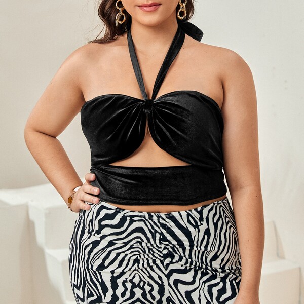 

Plus Tie Backless Ruched Bust Cutout Velvet Halter Top, Black