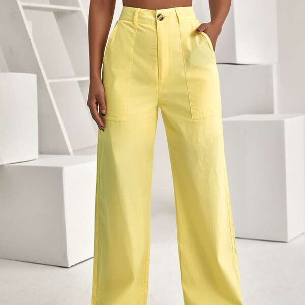 

High Waist Slant Pocket Wide Leg Pants, Yellow