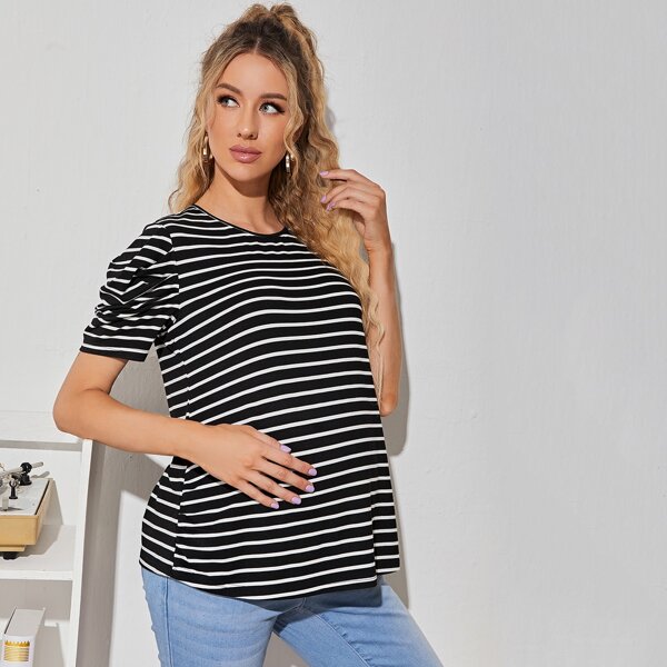 

Maternity Puff Sleeve Striped Tee, Black and white