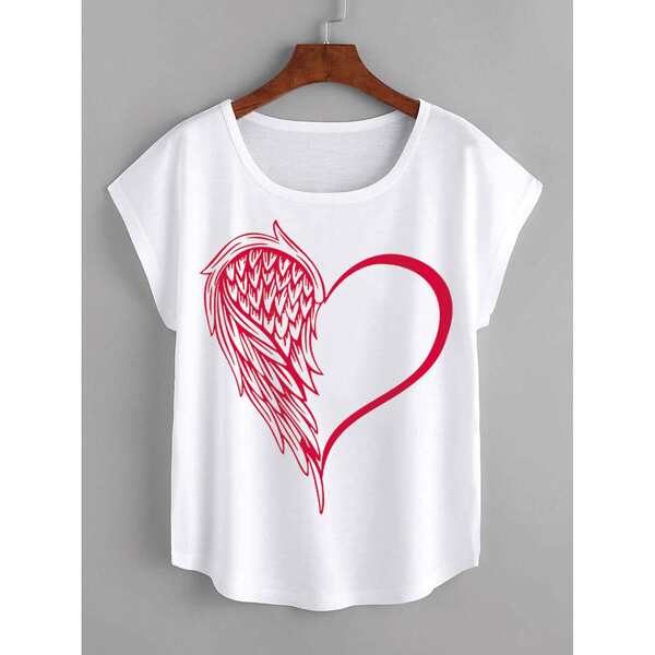 

Heart Print Batwing Sleeve Tee, White