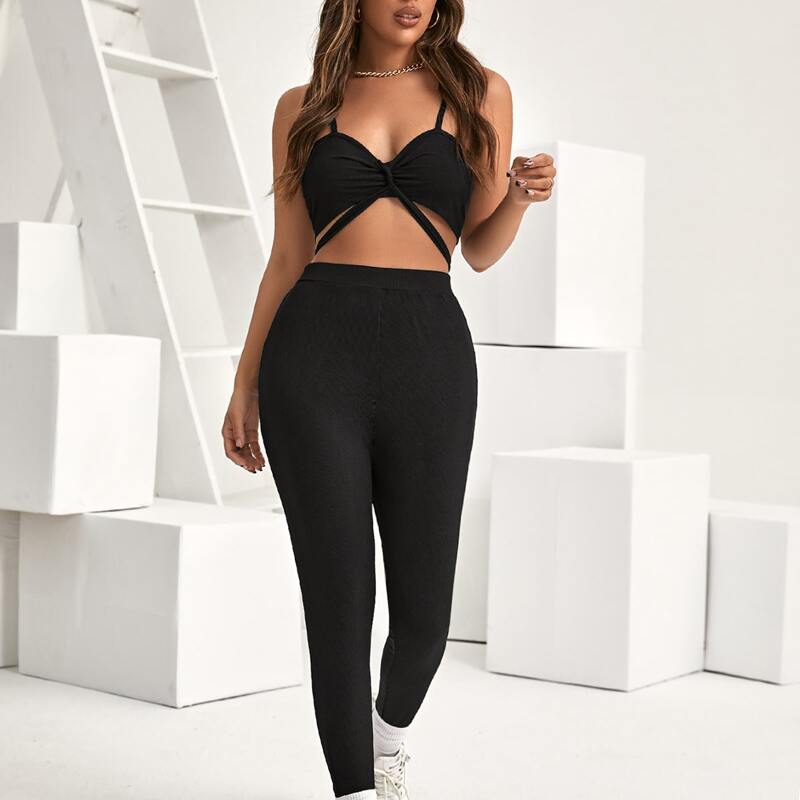 

Solid Elastic Waist Leggings, Black