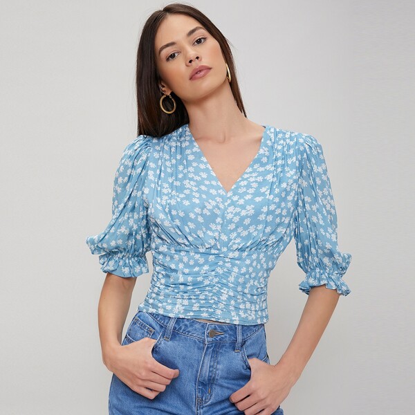 

VISCOSE CROP GATHERED TOP, Black and white