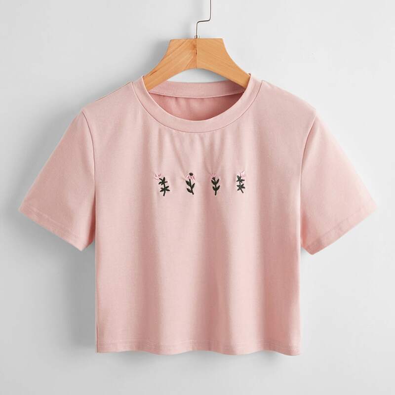 

Floral Embroidery Crop Tee, Dusty pink