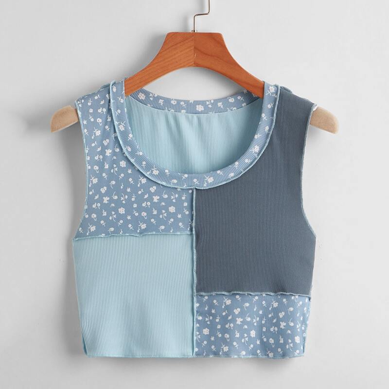 

Ditsy Floral Colorblock Ribbed Tank Top, Multicolor