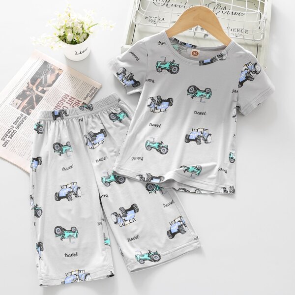 

Toddler Boys Letter & Cartoon Graphic Tee & Pants, Light grey