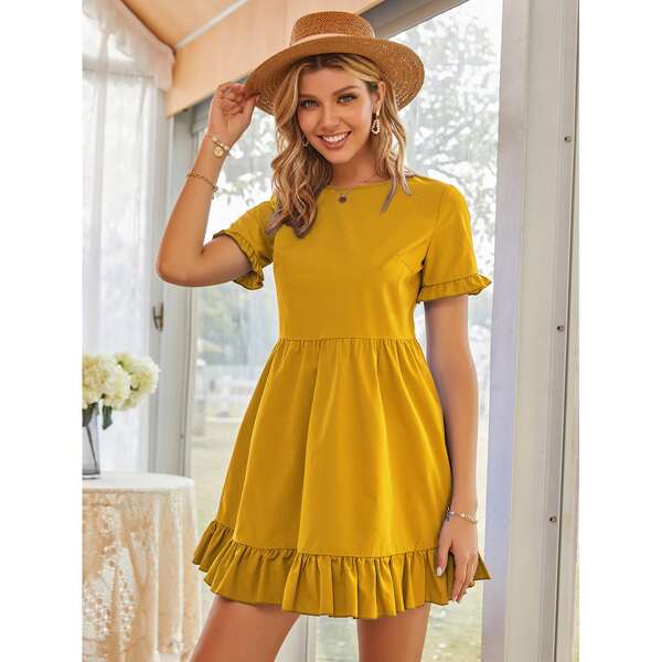 

Solid Flounce Sleeve Ruffle Hem Smock Dress, Mustard yellow