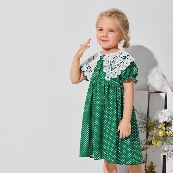 

Toddler Girls Polka Dot Contrast Lace Smock Dress, Green