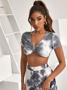 SHEIN Unity Ruched Front Tie Dye Rib-knit Crop Tee - Grey - View 1